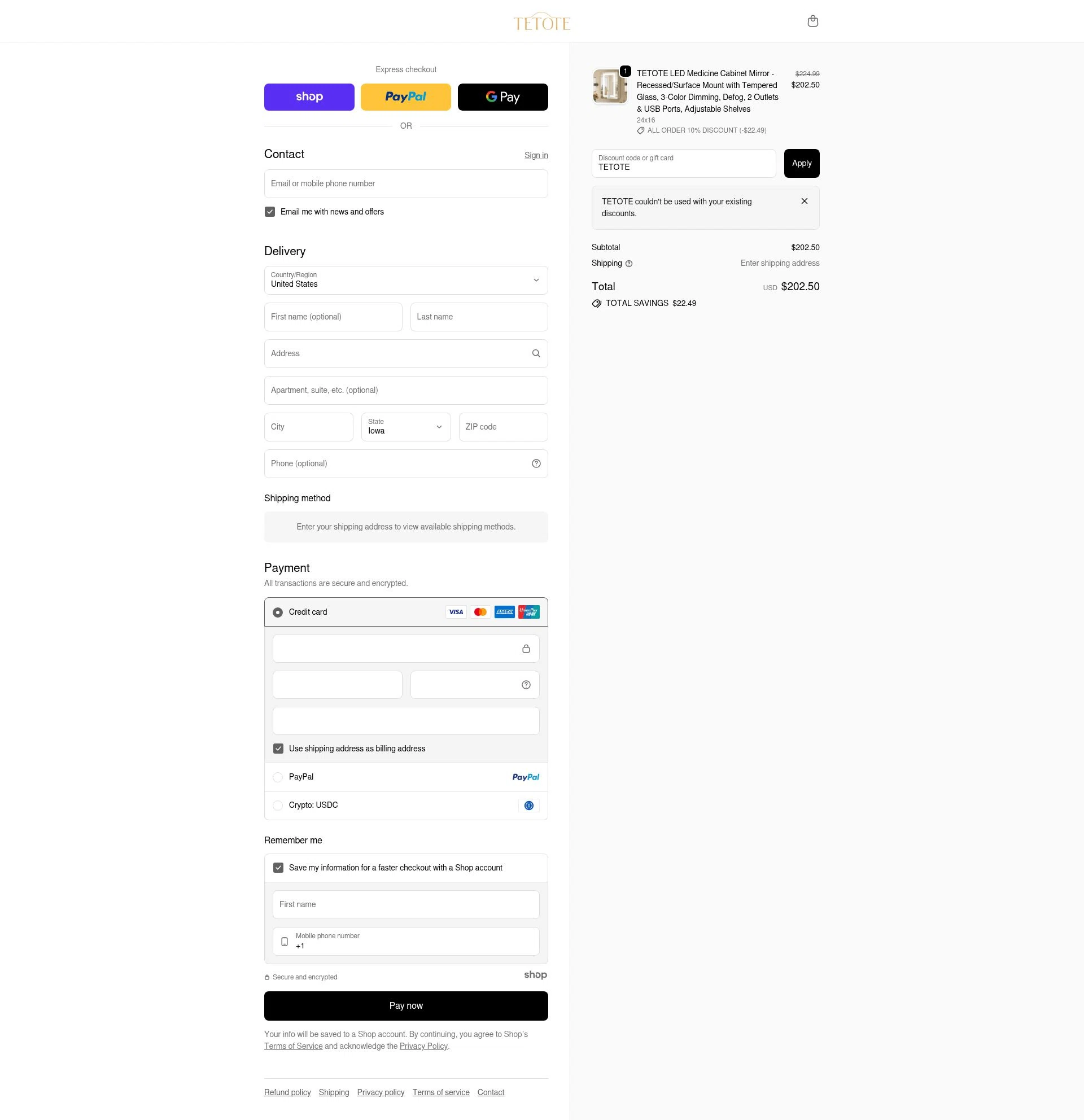 tetote checkout page showing tetote promo code box | Screenshot taken by SimplyCodes community member on Nov 30, 2025