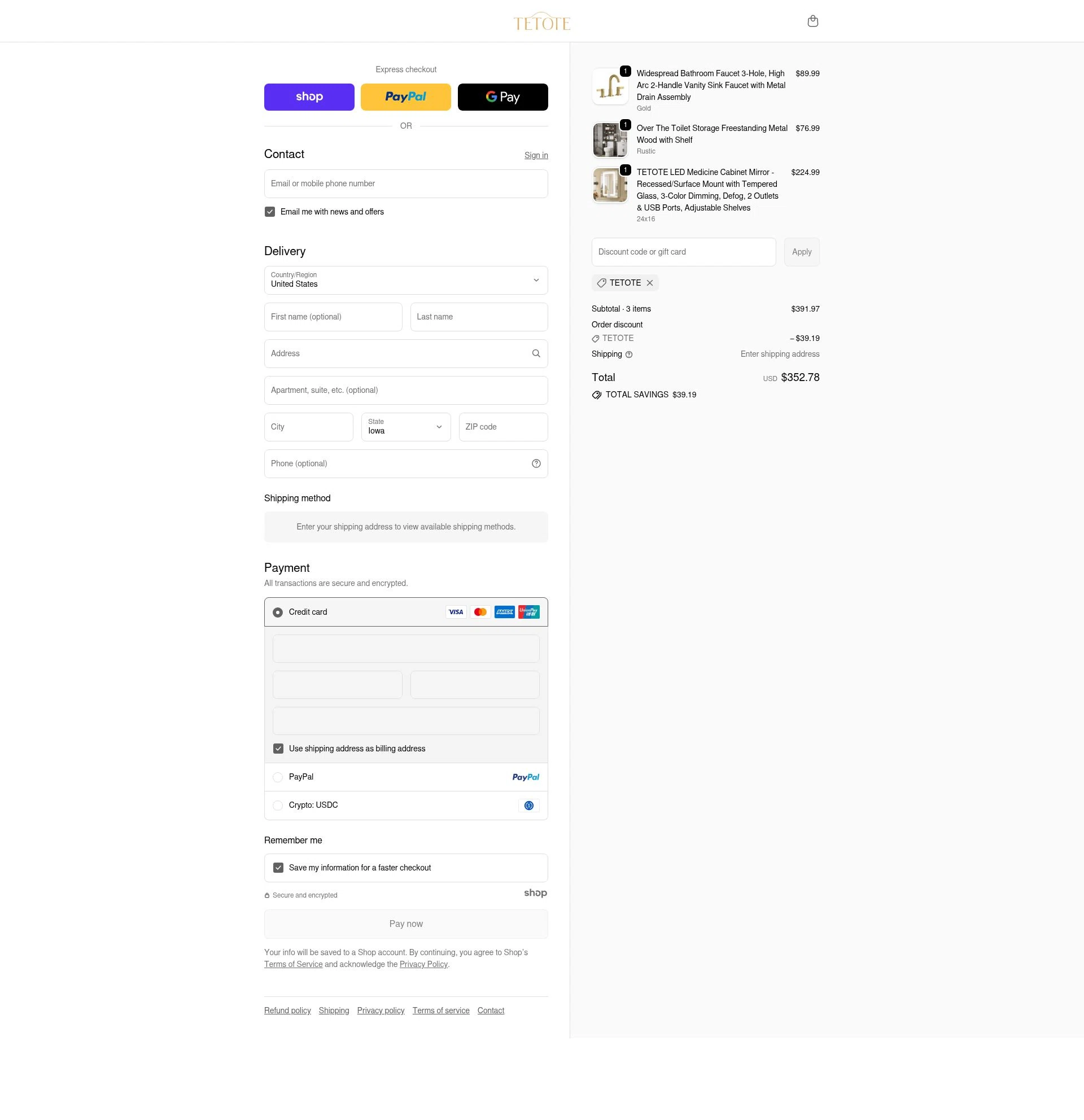 tetote checkout page showing tetote promo code box | Screenshot taken by SimplyCodes community member on Dec 16, 2025