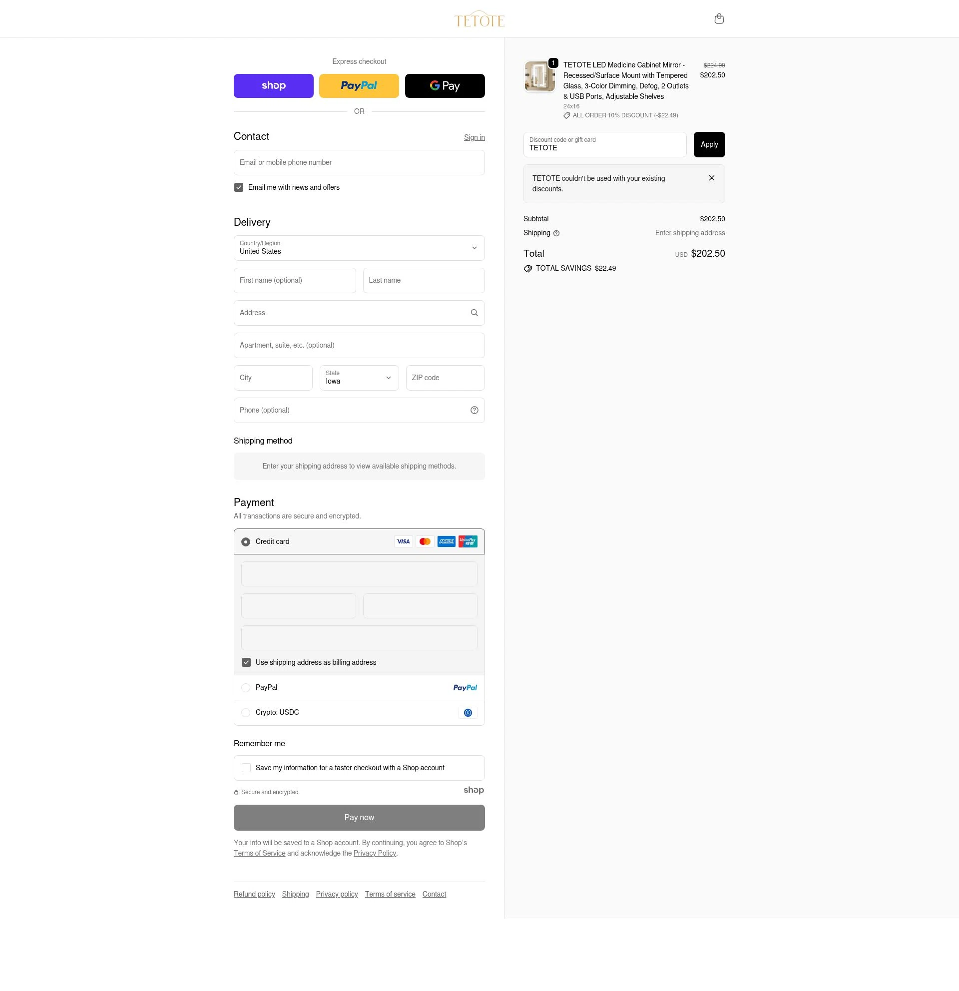 tetote checkout page showing tetote promo code box | Screenshot taken by SimplyCodes community member on Dec 11, 2025