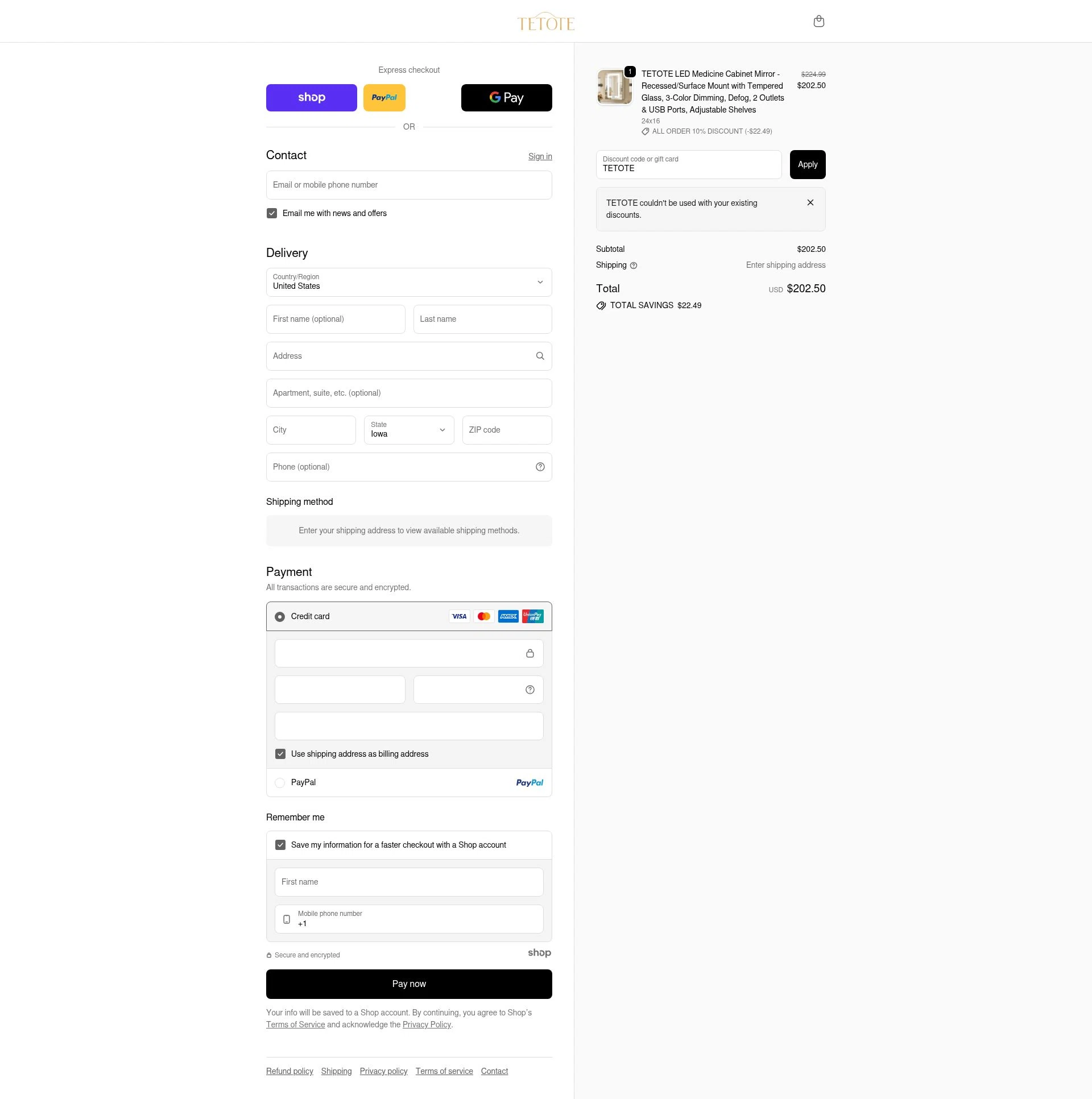 tetote checkout page showing tetote promo code box | Screenshot taken by SimplyCodes community member on Nov 24, 2025