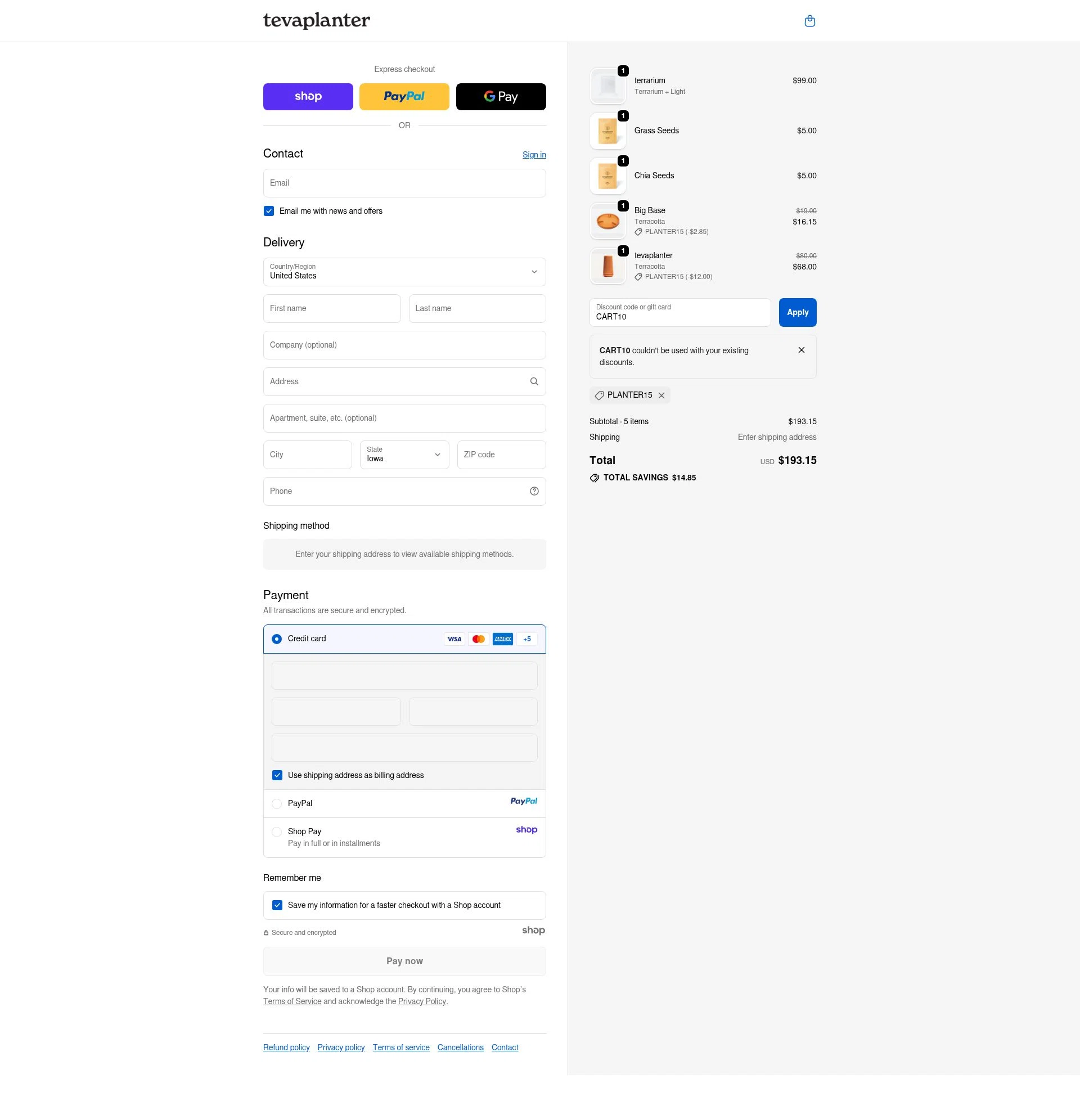 tevaplanter checkout page showing tevaplanter discount code box | Screenshot taken by SimplyCodes community member on Oct 29, 2025
