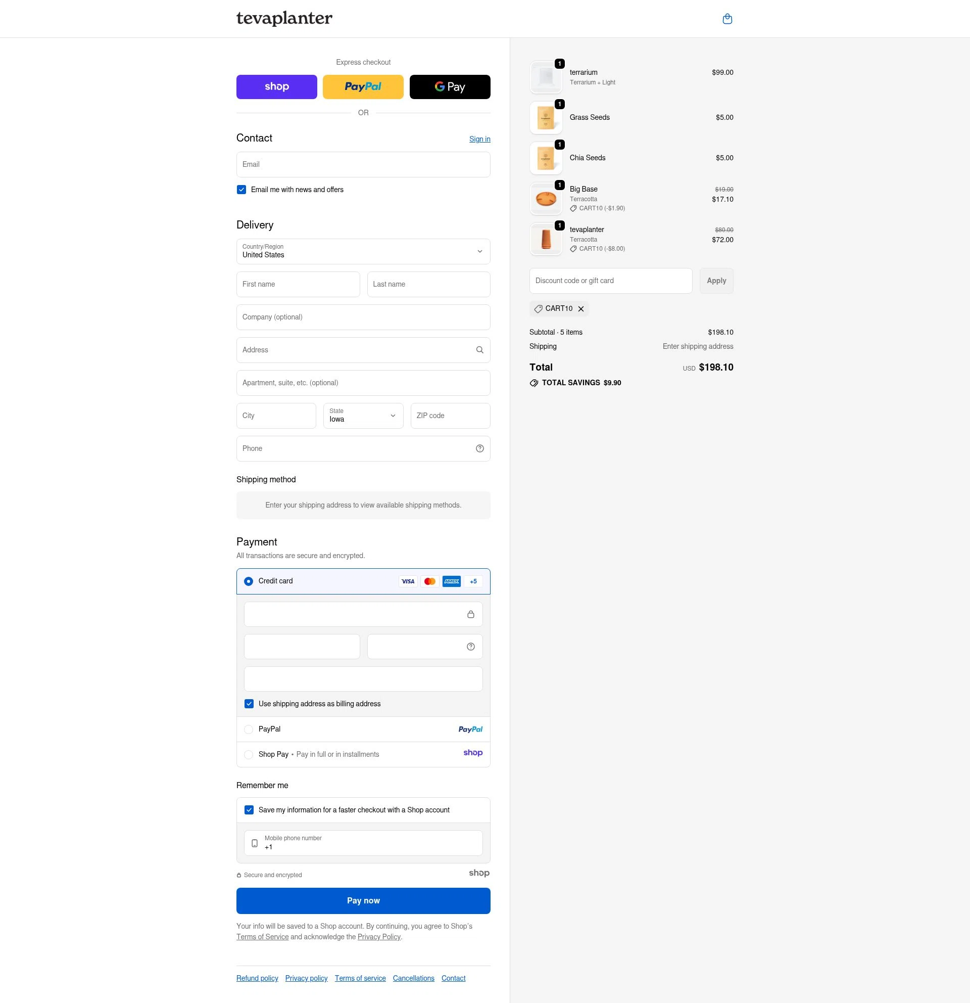 tevaplanter checkout page showing tevaplanter discount code box | Screenshot taken by SimplyCodes community member on Nov 6, 2025