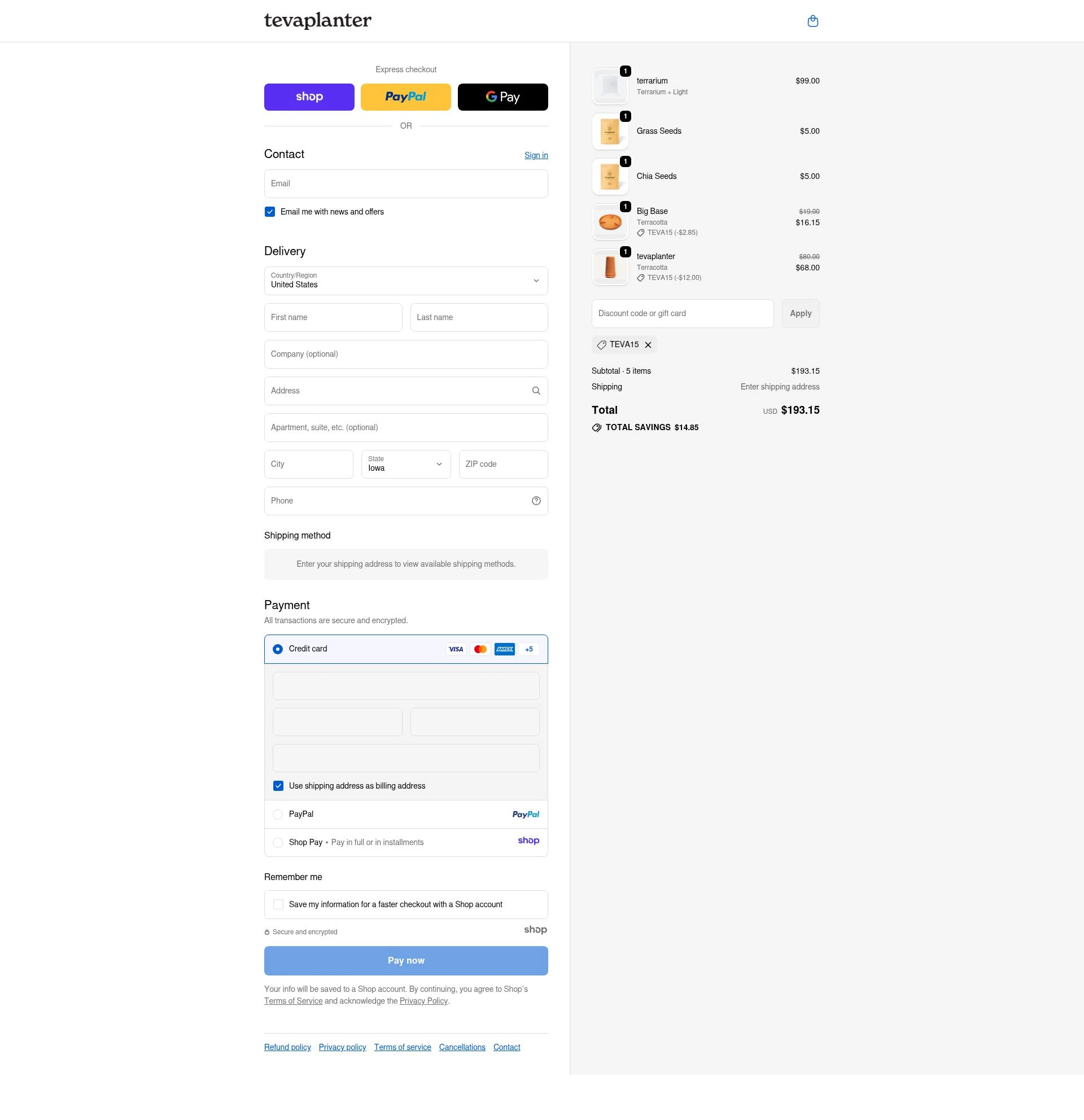 tevaplanter checkout page showing tevaplanter discount code box | Screenshot taken by SimplyCodes community member on Nov 6, 2025