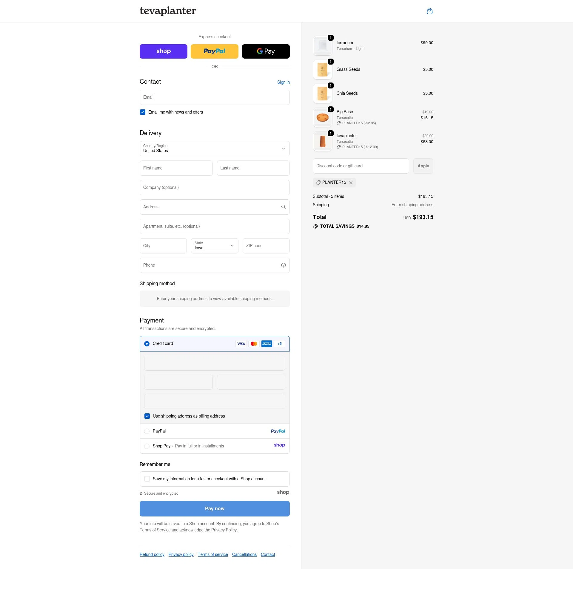 tevaplanter checkout page showing tevaplanter discount code box | Screenshot taken by SimplyCodes community member on Nov 6, 2025