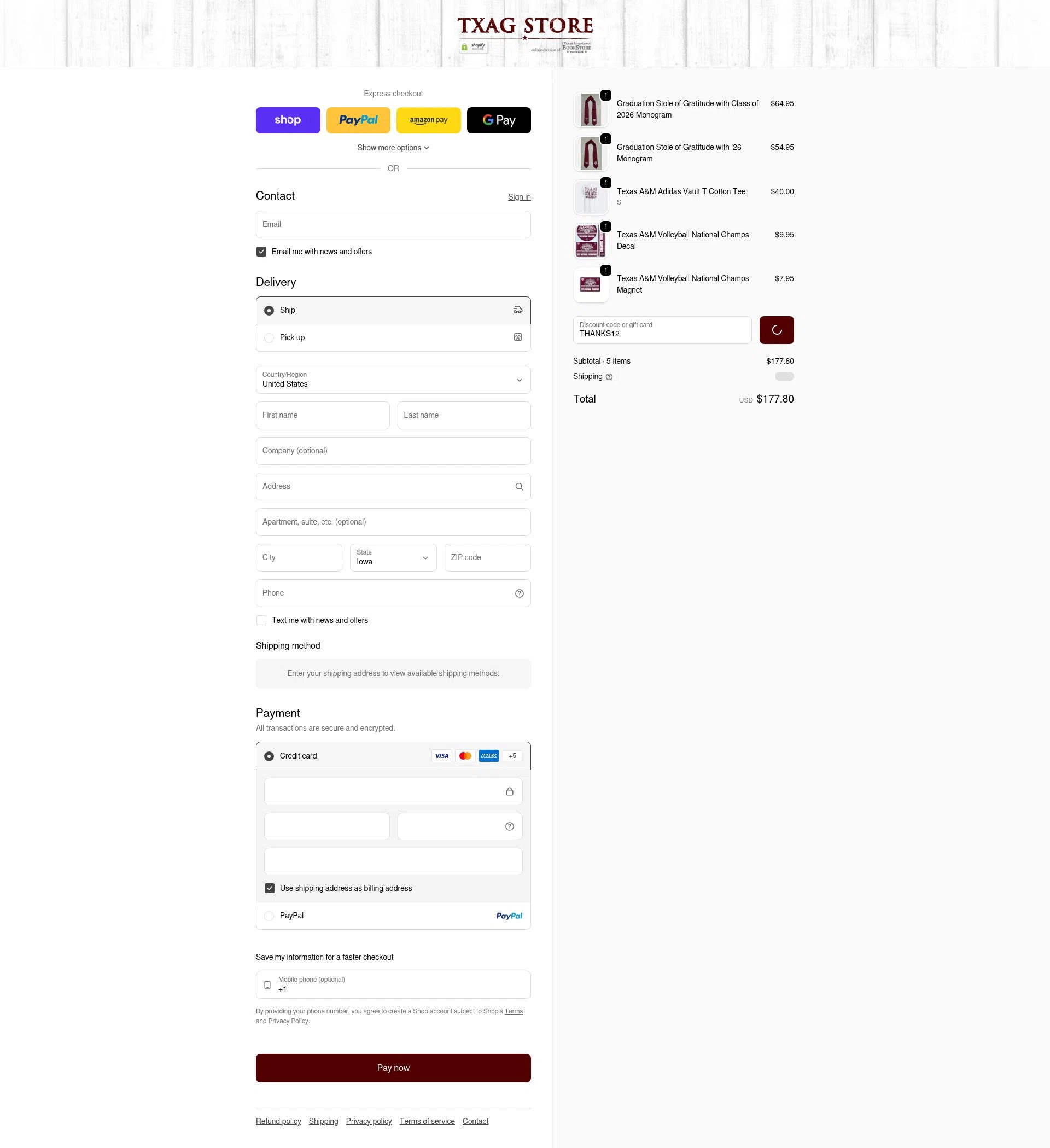 Texas Aggieland Bookstore checkout page showing Texas Aggieland Bookstore promo code box | Screenshot taken by SimplyCodes community member on Feb 12, 2026