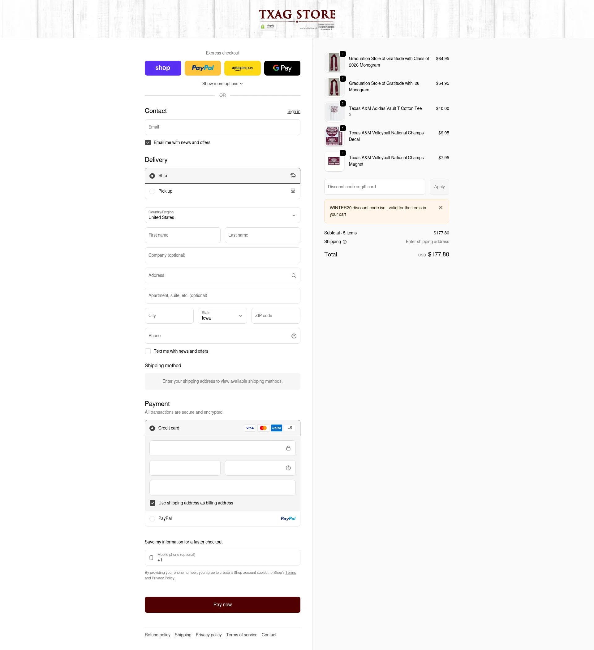 Texas Aggieland Bookstore checkout page showing Texas Aggieland Bookstore promo code box | Screenshot taken by SimplyCodes community member on Feb 12, 2026