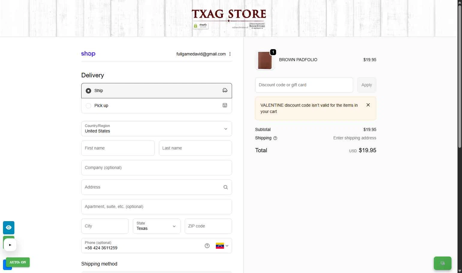 Texas Aggieland Bookstore checkout page showing Texas Aggieland Bookstore promo code box | Screenshot taken by SimplyCodes community member on Feb 11, 2026