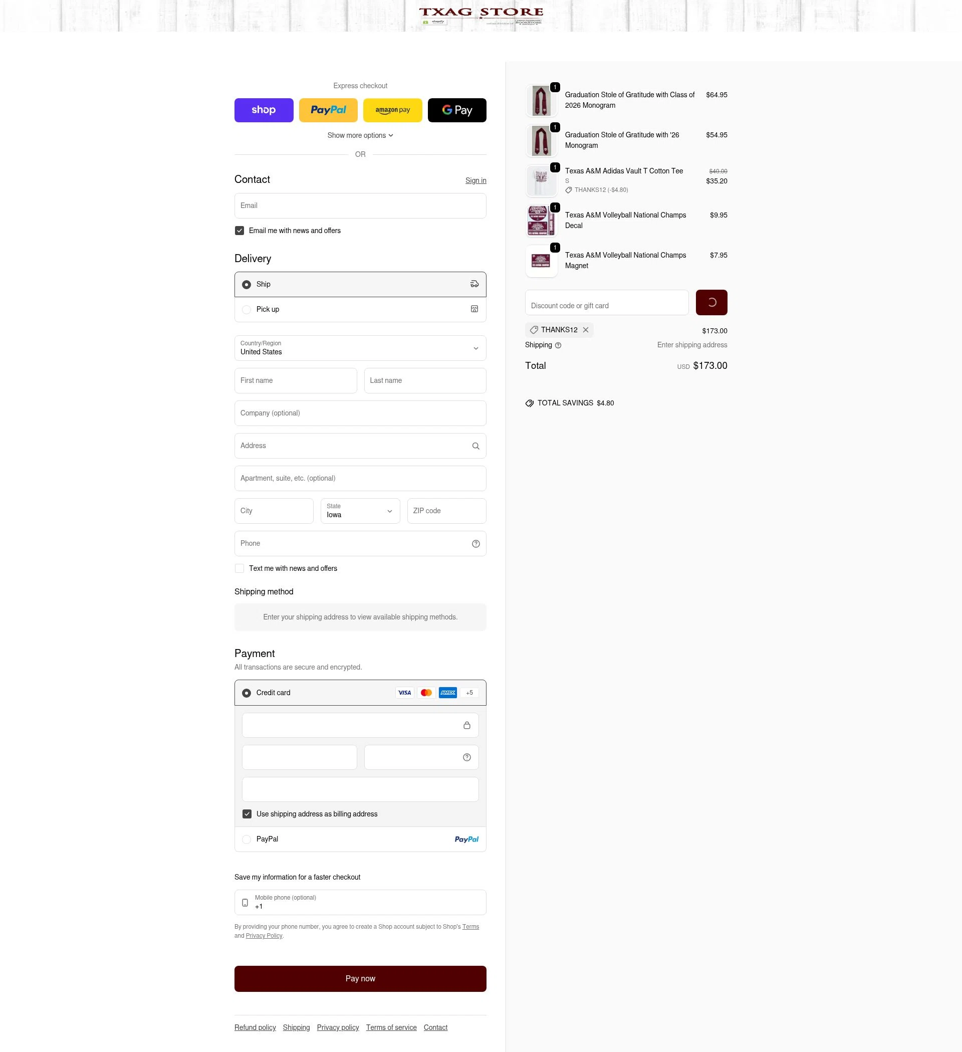 Texas Aggieland Bookstore checkout page showing Texas Aggieland Bookstore promo code box | Screenshot taken by SimplyCodes community member on Feb 8, 2026