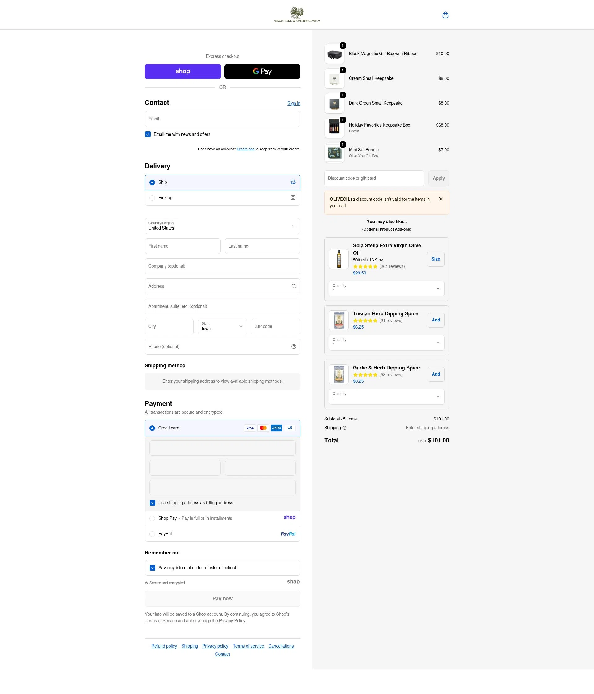 Texas Hill Country Olive Co. checkout page showing Texas Hill Country Olive Co. promo code box | Screenshot taken by SimplyCodes community member on Jan 8, 2026