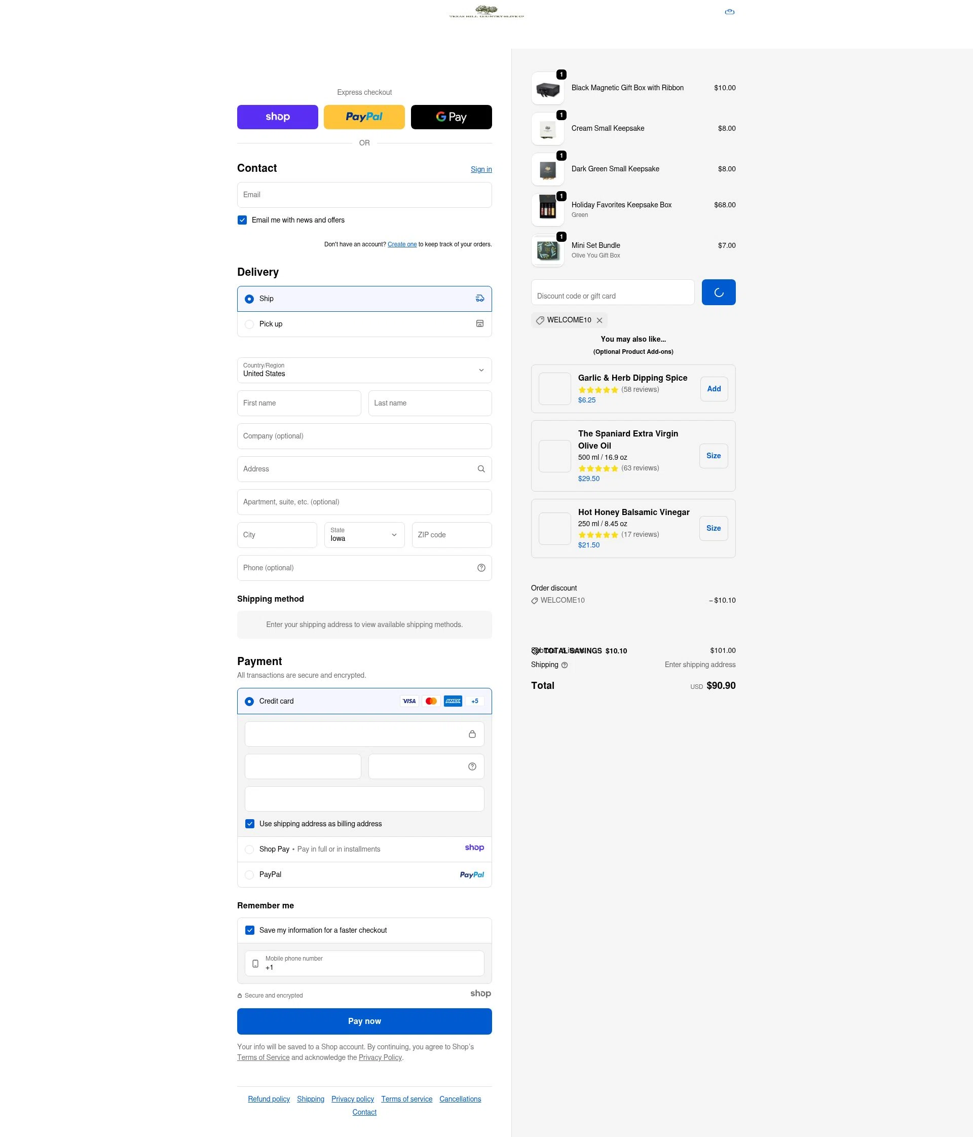 Texas Hill Country Olive Co. checkout page showing Texas Hill Country Olive Co. promo code box | Screenshot taken by SimplyCodes community member on Jan 3, 2026