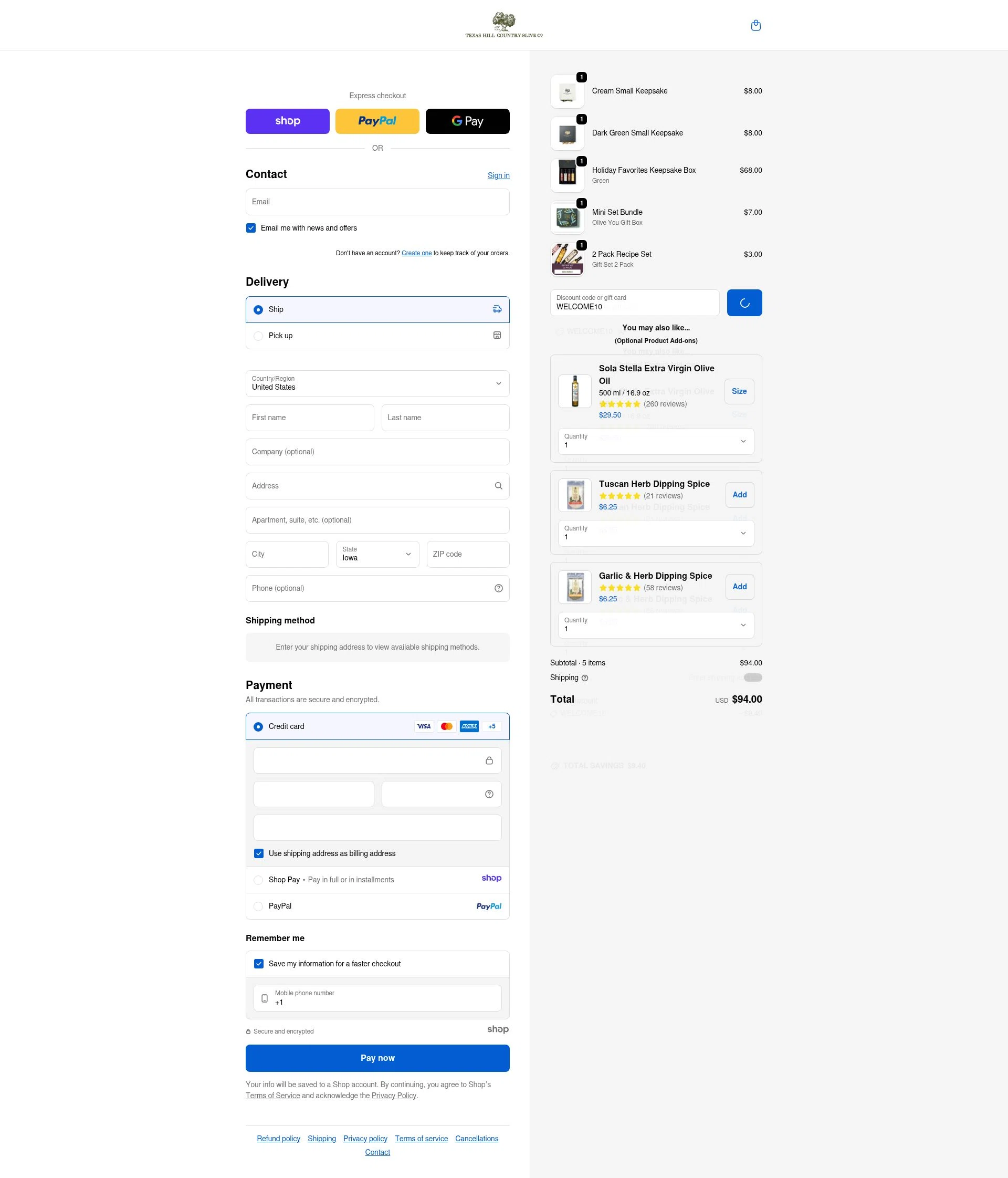 Texas Hill Country Olive Co. checkout page showing Texas Hill Country Olive Co. promo code box | Screenshot taken by SimplyCodes community member on Dec 29, 2025