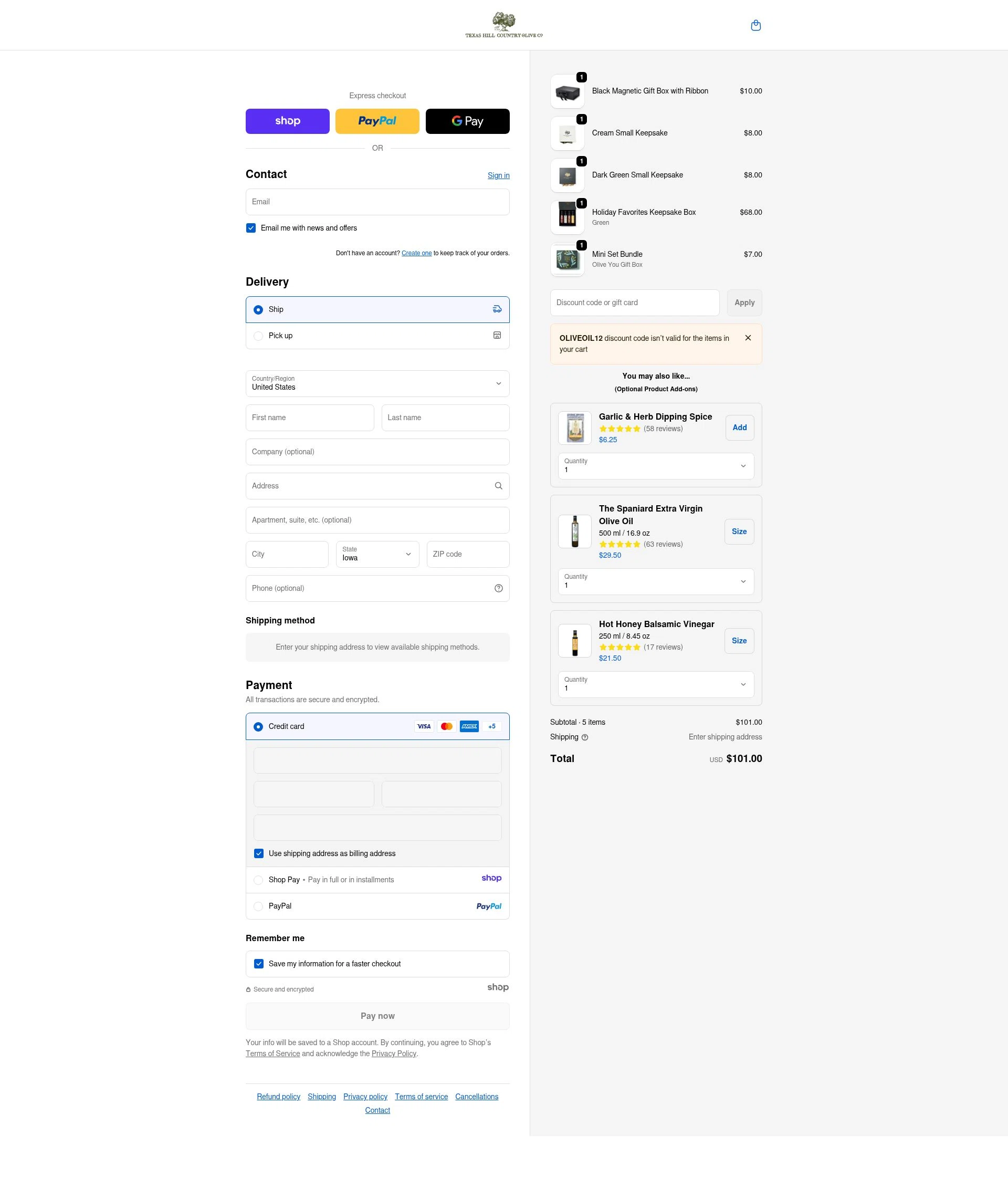 Texas Hill Country Olive Co. checkout page showing Texas Hill Country Olive Co. promo code box | Screenshot taken by SimplyCodes community member on Jan 3, 2026