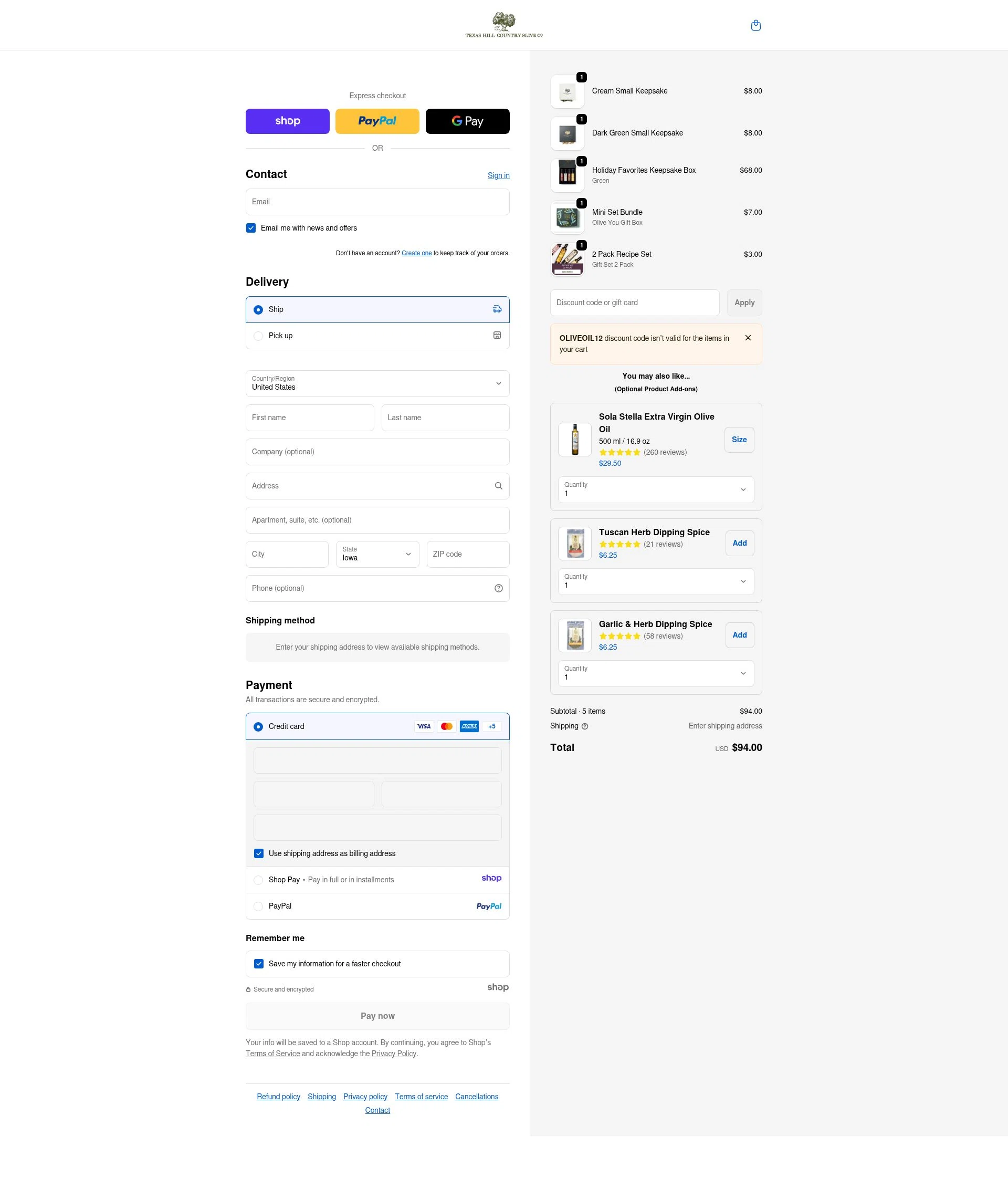 Texas Hill Country Olive Co. checkout page showing Texas Hill Country Olive Co. promo code box | Screenshot taken by SimplyCodes community member on Dec 29, 2025