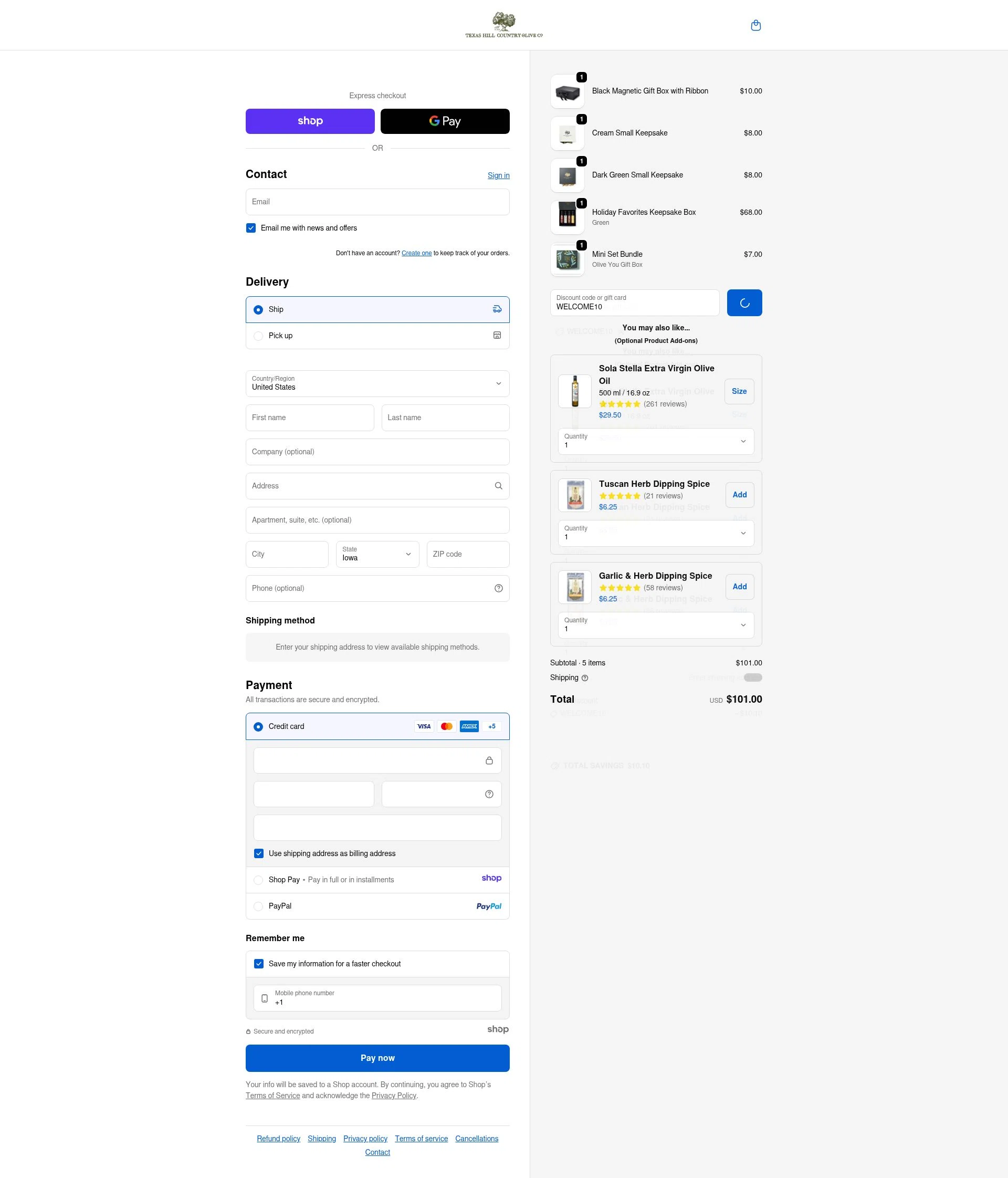 Texas Hill Country Olive Co. checkout page showing Texas Hill Country Olive Co. promo code box | Screenshot taken by SimplyCodes community member on Jan 8, 2026