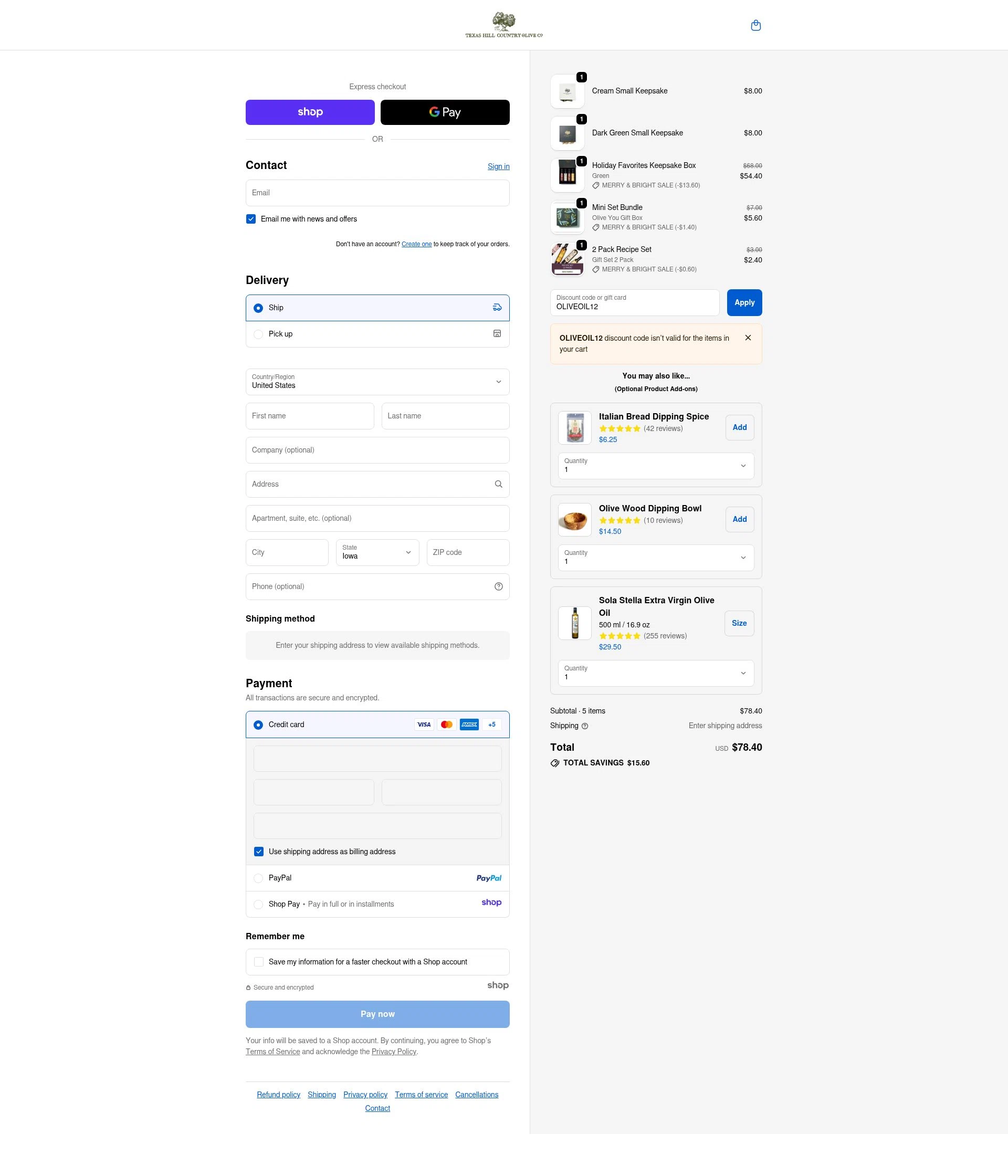 Texas Hill Country Olive Co. checkout page showing Texas Hill Country Olive Co. promo code box | Screenshot taken by SimplyCodes community member on Dec 11, 2025