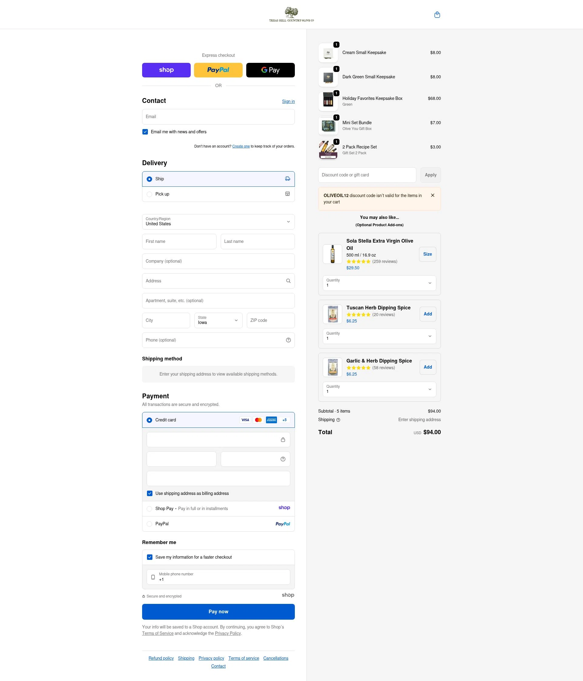 Texas Hill Country Olive Co. checkout page showing Texas Hill Country Olive Co. promo code box | Screenshot taken by SimplyCodes community member on Dec 24, 2025