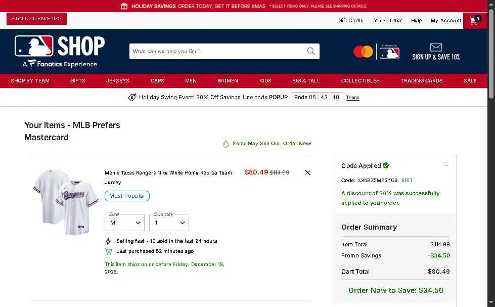 Texas Rangers checkout page showing Texas Rangers promo code box | Screenshot taken by SimplyCodes community member on Dec 18, 2025