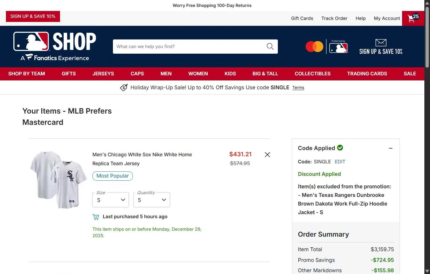 Texas Rangers checkout page showing Texas Rangers promo code box | Screenshot taken by SimplyCodes community member on Dec 28, 2025