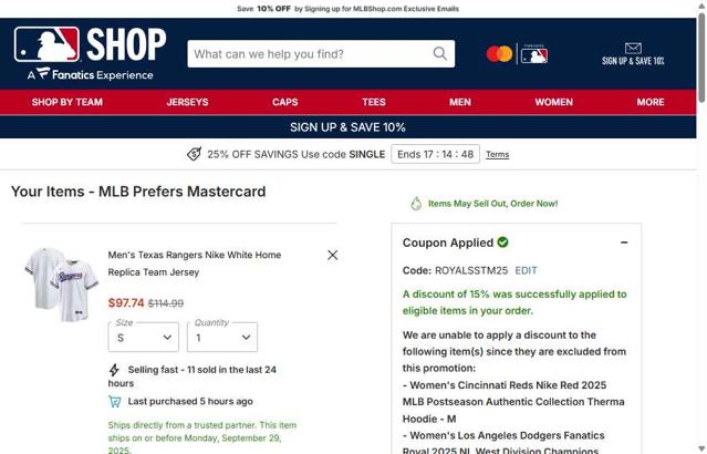 Texas Rangers checkout page showing Texas Rangers promo code box | Screenshot taken by SimplyCodes community member on Sep 29, 2025