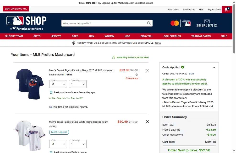 Texas Rangers checkout page showing Texas Rangers promo code box | Screenshot taken by SimplyCodes community member on Dec 26, 2025