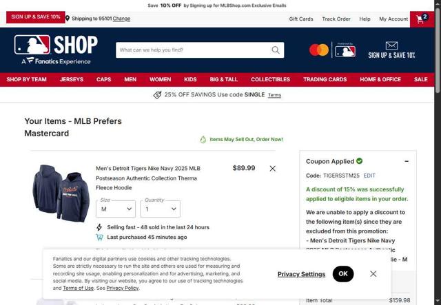 Texas Rangers checkout page showing Texas Rangers promo code box | Screenshot taken by SimplyCodes community member on Oct 5, 2025