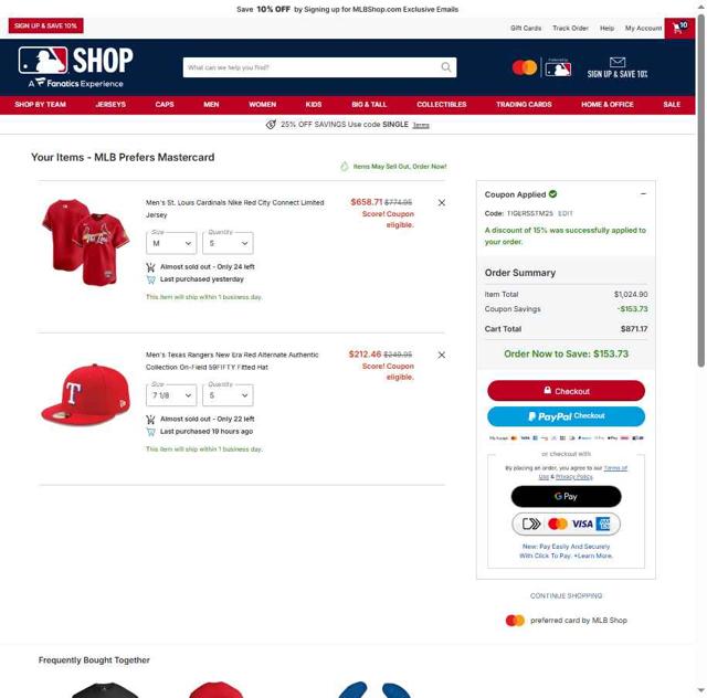 Texas Rangers checkout page showing Texas Rangers promo code box | Screenshot taken by SimplyCodes community member on Oct 5, 2025