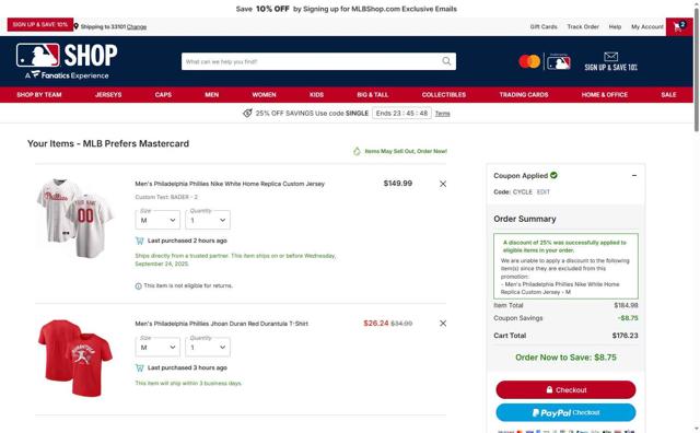 Texas Rangers checkout page showing Texas Rangers promo code box | Screenshot taken by SimplyCodes community member on Sep 10, 2025
