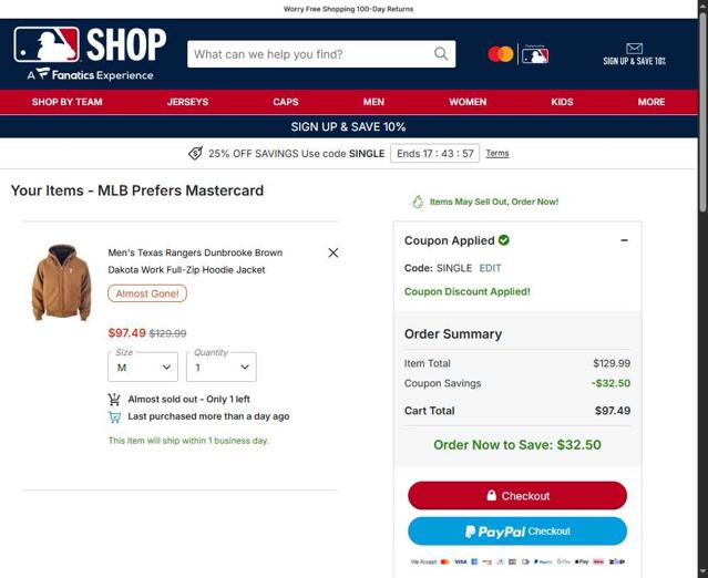 Texas Rangers checkout page showing Texas Rangers promo code box | Screenshot taken by SimplyCodes community member on Oct 6, 2025