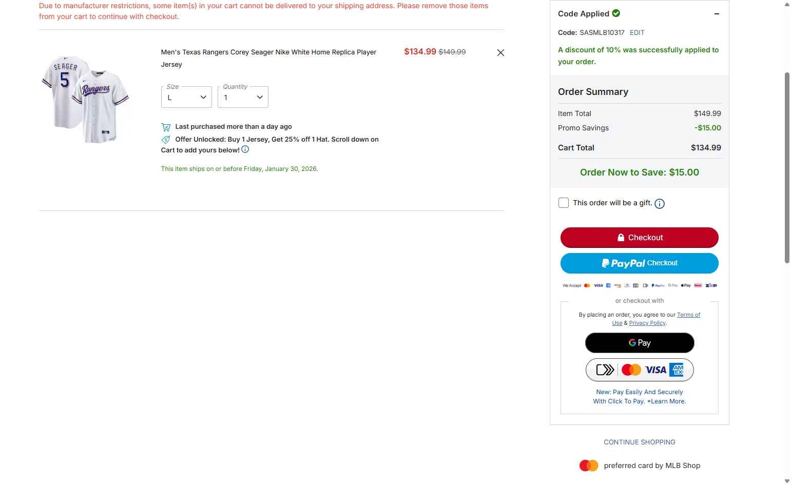 Texas Rangers checkout page showing Texas Rangers promo code box | Screenshot taken by SimplyCodes community member on Jan 30, 2026