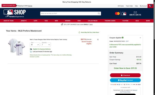 Texas Rangers checkout page showing Texas Rangers promo code box | Screenshot taken by SimplyCodes community member on Oct 5, 2025