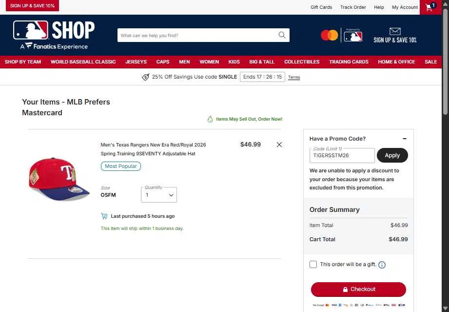 Texas Rangers checkout page showing Texas Rangers promo code box | Screenshot taken by SimplyCodes community member on Feb 27, 2026