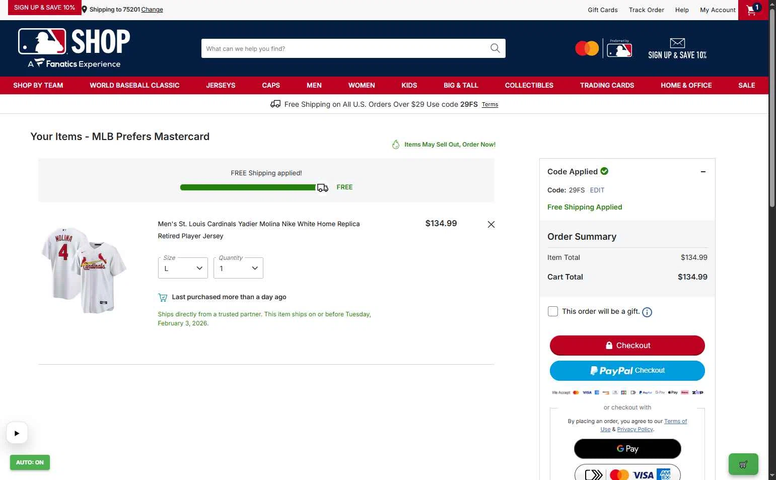 Texas Rangers checkout page showing Texas Rangers promo code box | Screenshot taken by SimplyCodes community member on Jan 19, 2026