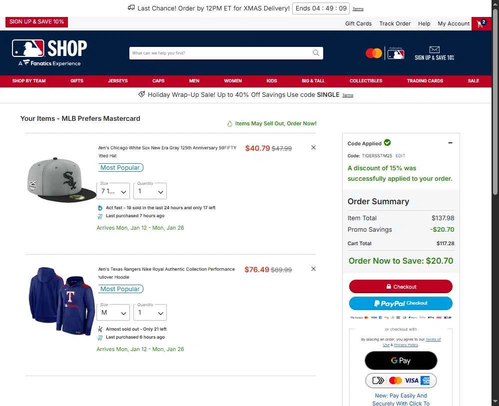 Texas Rangers checkout page showing Texas Rangers promo code box | Screenshot taken by SimplyCodes community member on Dec 22, 2025