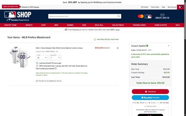 Texas Rangers checkout page showing Texas Rangers promo code box | Screenshot taken by SimplyCodes community member on Sep 4, 2025