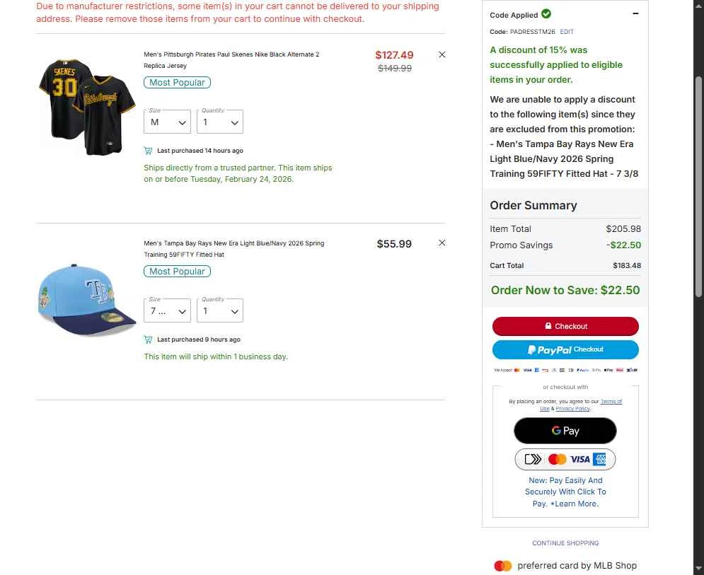 Texas Rangers checkout page showing Texas Rangers promo code box | Screenshot taken by SimplyCodes community member on Feb 24, 2026