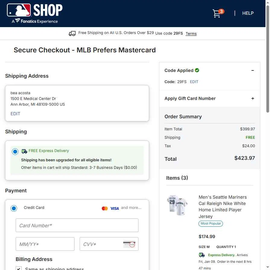 Texas Rangers checkout page showing Texas Rangers promo code box | Screenshot taken by SimplyCodes community member on Jan 7, 2026