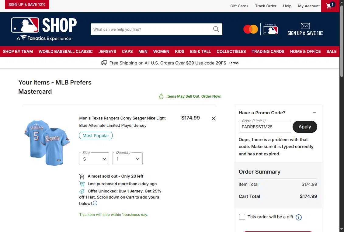 Texas Rangers checkout page showing Texas Rangers promo code box | Screenshot taken by SimplyCodes community member on Feb 2, 2026