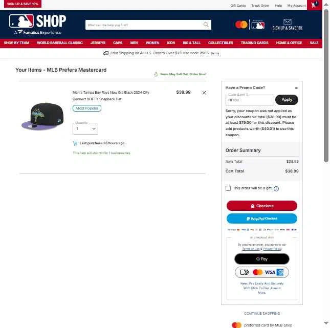 Texas Rangers checkout page showing Texas Rangers promo code box | Screenshot taken by SimplyCodes community member on Jan 19, 2026