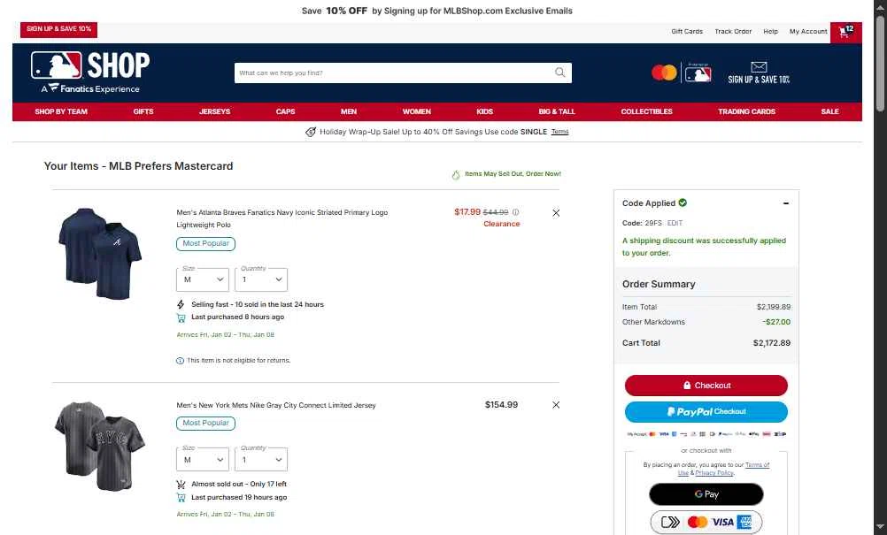 Texas Rangers checkout page showing Texas Rangers promo code box | Screenshot taken by SimplyCodes community member on Dec 26, 2025