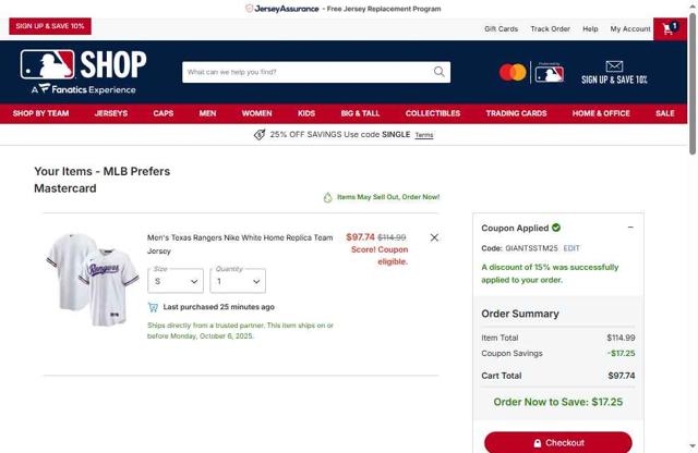 Texas Rangers checkout page showing Texas Rangers promo code box | Screenshot taken by SimplyCodes community member on Oct 5, 2025