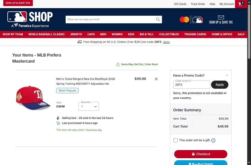 Texas Rangers checkout page showing Texas Rangers promo code box | Screenshot taken by SimplyCodes community member on Feb 18, 2026