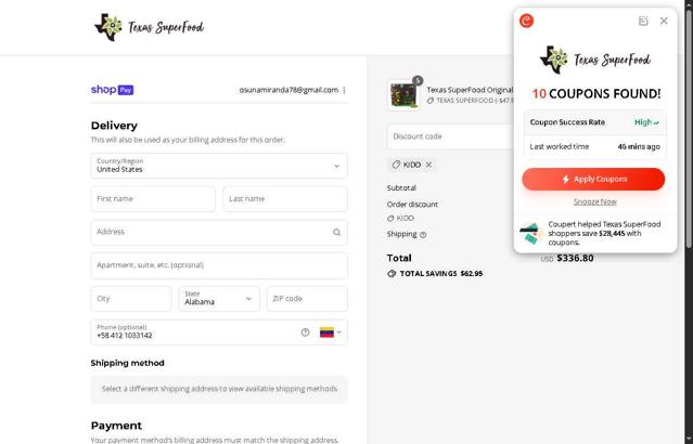 Texas SuperFood checkout page showing Texas SuperFood promo code box | Screenshot taken by SimplyCodes community member on Aug 23, 2025