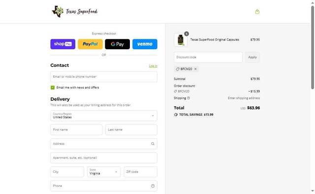 Texas SuperFood checkout page showing Texas SuperFood promo code box | Screenshot taken by SimplyCodes community member on Aug 28, 2025