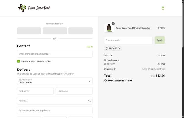 Texas SuperFood checkout page showing Texas SuperFood promo code box | Screenshot taken by SimplyCodes community member on Aug 28, 2025