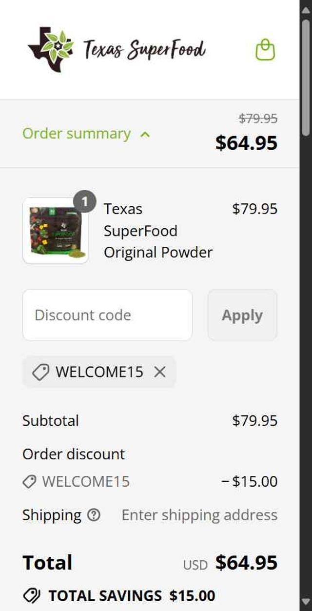 Texas SuperFood checkout page showing Texas SuperFood promo code box | Screenshot taken by SimplyCodes community member on Aug 23, 2025