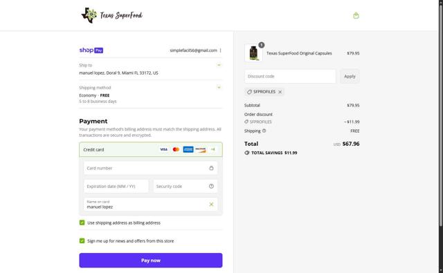 Texas SuperFood checkout page showing Texas SuperFood promo code box | Screenshot taken by SimplyCodes community member on Aug 23, 2025
