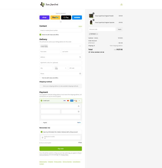 Texas SuperFood checkout page showing Texas SuperFood promo code box | Screenshot taken by SimplyCodes community member on Sep 1, 2025