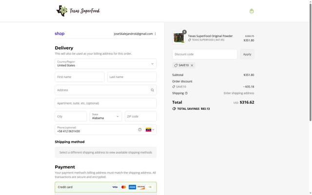 Texas SuperFood checkout page showing Texas SuperFood promo code box | Screenshot taken by SimplyCodes community member on Aug 30, 2025