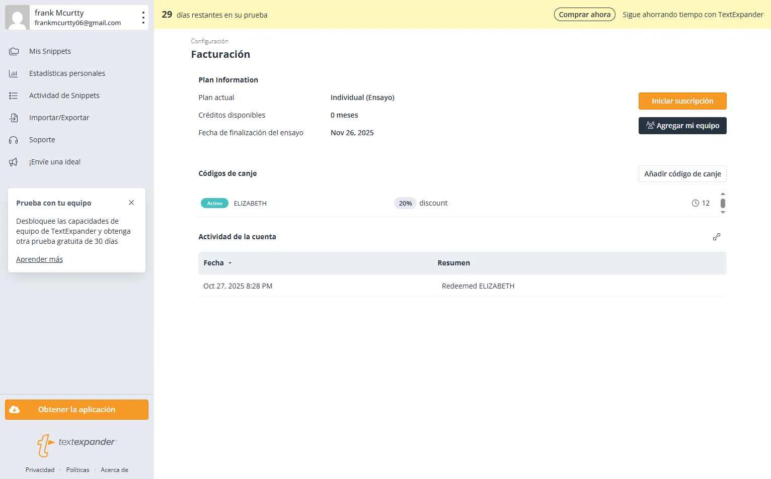 TextExpander checkout page showing TextExpander discount code box | Screenshot taken by SimplyCodes community member on Oct 28, 2025