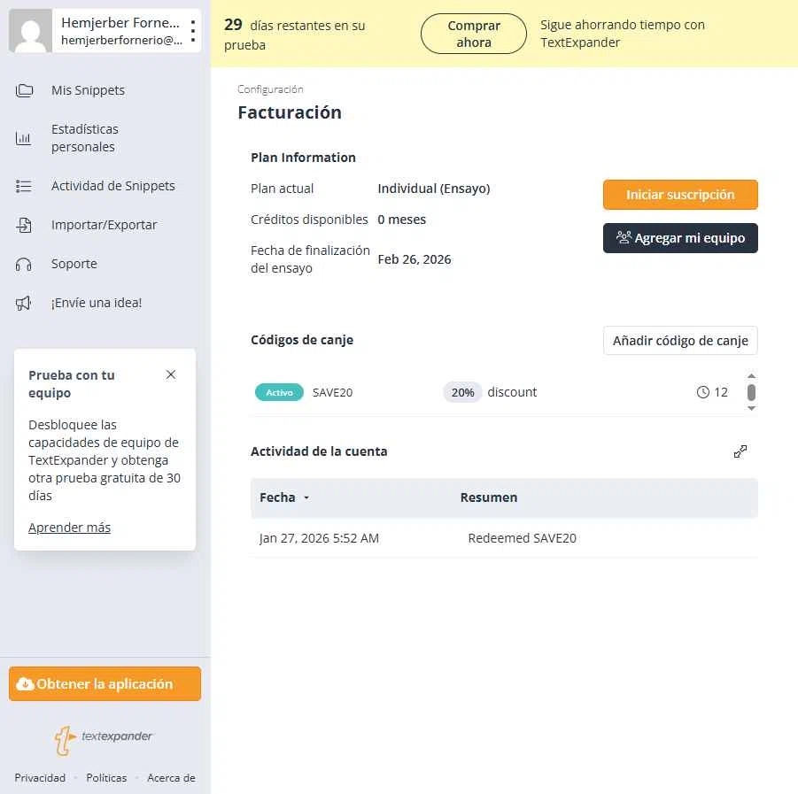 TextExpander checkout page showing TextExpander discount code box | Screenshot taken by SimplyCodes community member on Jan 27, 2026